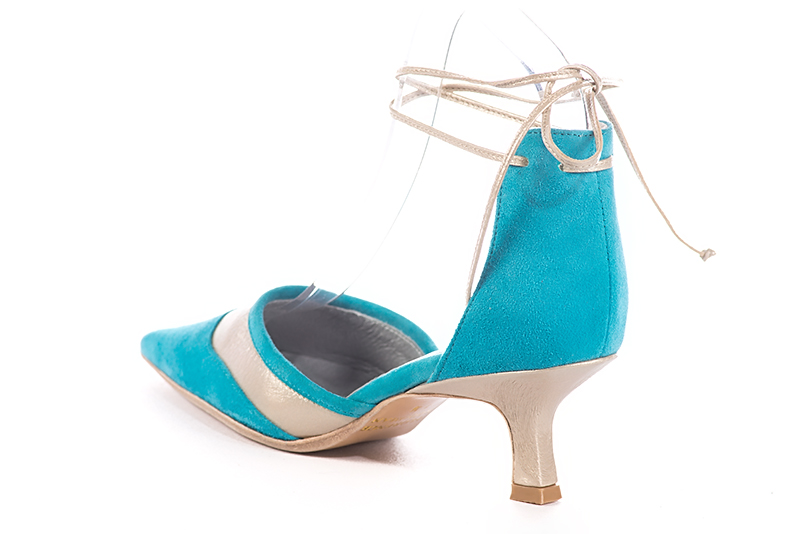 Turquoise blue and gold women's open side shoes, with lace straps. Pointed toe. Medium spool heels. Rear view - Florence KOOIJMAN